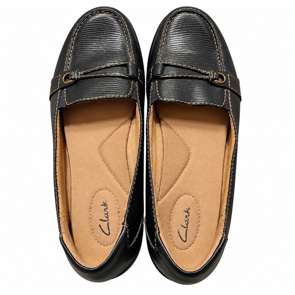 Clarks Women's Black Leather Loafers Textured Slip On Comfort Shoes 10W